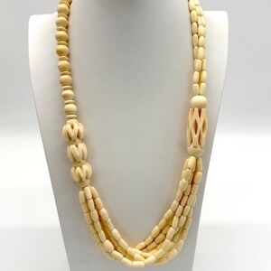 Vintage Carved Bone Bead Multi-Strand Statement Necklace Tribal Boho